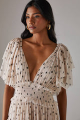 Tulle Polka Dot Plunge Neck Flutter Sleeve Tier Maxi Dress