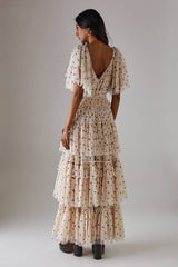 Tulle Polka Dot Plunge Neck Flutter Sleeve Tier Maxi Dress