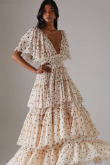 Tulle Polka Dot Plunge Neck Flutter Sleeve Tier Maxi Dress