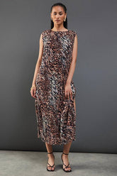 Printed Plisse Shoulder Pad Sleeveless Midi Dress