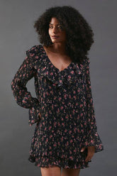 Floral Pleated Chiffon V Neck Mini Swing Dress