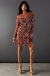 Hand Embellished Sequin Fringe Yoke Mini Dress