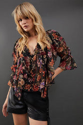 Metallic Dobby Button Front Ruffle Detail Blouse