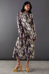Metallic Chiffon Slash Neck Bias Midi Dress