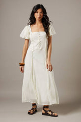 Dobby Chiffon Button Bodice Godet Seam Midi Tea Dress