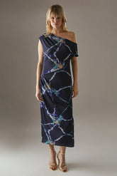 Crinkle Satin Fallen Shoulder Knot Side Midi Dress
