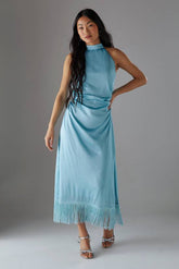 Petite Crinkle Satin Halter Fringe Midi Dress