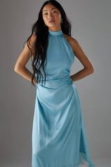 Petite Crinkle Satin Halter Fringe Midi Dress