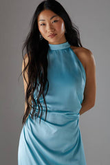 Petite Crinkle Satin Halter Fringe Midi Dress