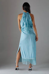 Petite Crinkle Satin Halter Fringe Midi Dress