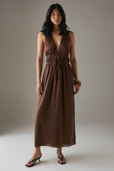 Crinkle Satin Halter Drawstring Waist Bias Midi Dress