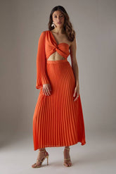 Chiffon Pleated One Shoulder Cut Out Midi Dress