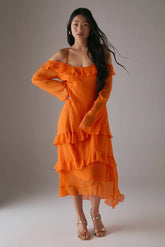 Petite Chiffon Ruffle Cold Shoulder Midi Dress