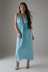 Petite Crinkle Satin Halter Drawstring Waist Bias Midi Dress