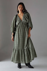 Petite Broderie Plunge Neck Volume Sleeve Smock Midi Dress
