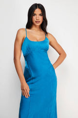 Satin Tie Bust Seam Strappy Midi Slip Dress