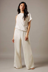 Satin Chiffon Mix One Shoulder Drape Jumpsuit
