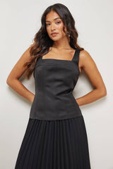 Petite Satin Fitted Bodice Chiffon Pleated Skirt Midi Dress