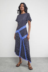 Satin Lace Panelled Asymmetric Midi Dress