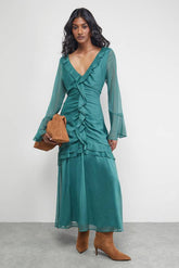Chiffon Ruffle Gathered Bodice Midi Dress