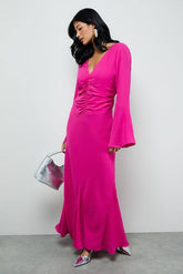 Premium Georgette Ruched Front Flutter Cuff Maxi Dress