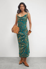 Devore Twist Cowl Neck Bias Midi Slip Dress
