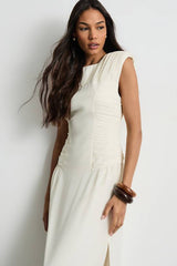 Ruched Waist Sleeveless Shoulder Pad Detail Maxi Dress