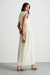 Ruched Waist Sleeveless Shoulder Pad Detail Maxi Dress