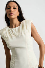 Ruched Waist Sleeveless Shoulder Pad Detail Maxi Dress