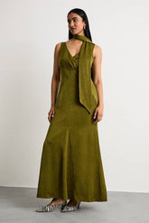 Plain Scarf Detail Tie Neck Maxi Dress