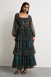 Abstract Print Cut Out Gathered Tulle Maxi Dress With Tiers