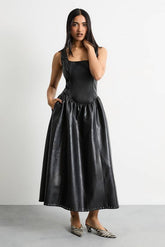 Faux Leather Whipstitch Trim Midi Dress