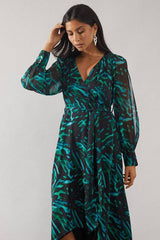 Green Abstract High Low Hem Split Sleeve Wrap Dress