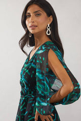 Green Abstract High Low Hem Split Sleeve Wrap Dress