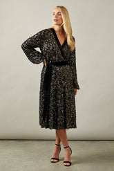 Petite Sequin Contrast Velvet Midi Dress