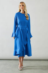 Petite Ruffle Front Belted Midi Dress