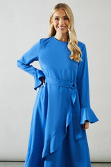 Petite Ruffle Front Belted Midi Dress
