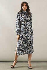 Floral Print High Neck Satin Midi Dress