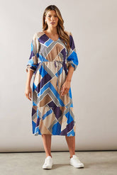 Blue Geo Drawstring Viscose Midi Dress
