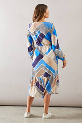 Blue Geo Drawstring Viscose Midi Dress