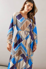 Blue Geo Drawstring Viscose Midi Dress