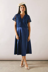 Lace Overlay Full Skirt Midi Dress
