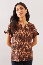 Leopard Tie Sleeve Collarless Top