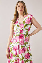 Printed Twill V Neck Midi Dress