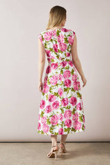 Printed Twill V Neck Midi Dress