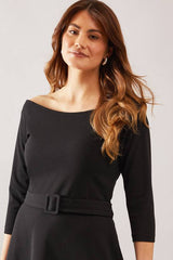 Crepe Off The Shoulder Belted Midi Dress