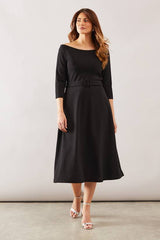 Crepe Off The Shoulder Belted Midi Dress