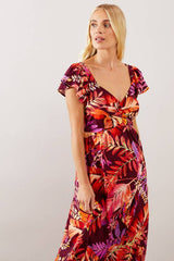 Petite Palm Viscose Ruched Midi Dress
