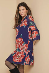 Floral Ruffle Sleeve Drop Hem Shift Dress