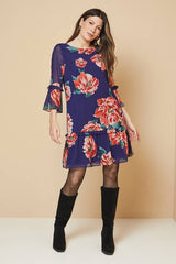 Floral Ruffle Sleeve Drop Hem Shift Dress